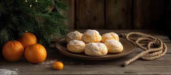 Poster - Cozy Christmas Scene with Mandarin Oranges Homemade Biscuits and Rustic Tree Decor on a Wooden Background