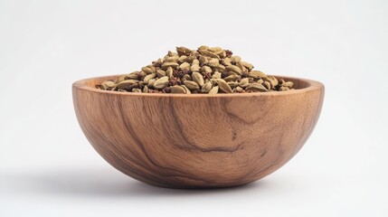 Poster - Close up of cardamom spices in a wooden bowl showcasing their texture and flavor ideal for culinary dishes on a clean white background
