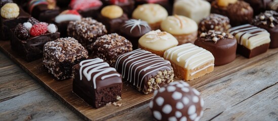 Aufkleber - Assorted Christmas sweets beautifully arranged on a wooden platter showcasing festive confections in close-up detail
