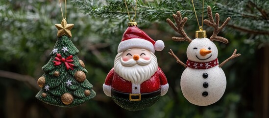 Poster - Christmas decorations with Santa Claus tree snowman and reindeer hanging on pine branches festive holiday season atmosphere