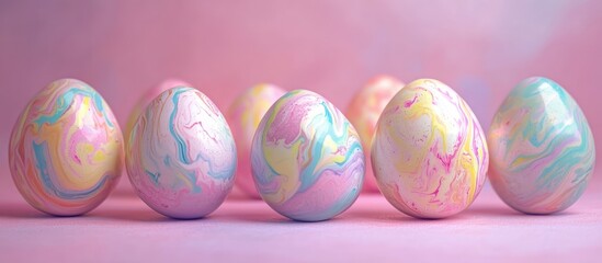 Poster - Pastel Marbled Easter Eggs Displayed on Soft Pink Background for Spring Holiday Celebration and Festive Decor