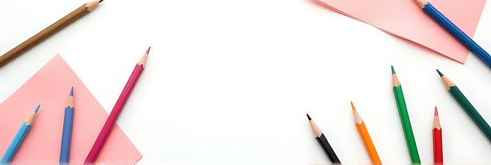 Aufkleber - A group of colorful pencils and paper lie crumpled next to each other on a plain white copy space background._00002_