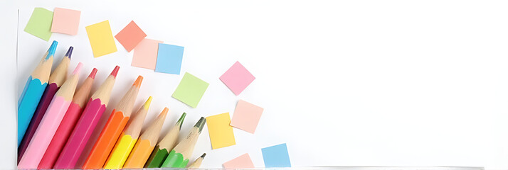 Aufkleber - A group of colorful pencils and paper lie crumpled next to each other on a plain white copy space background._00001_