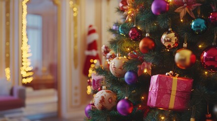 Aufkleber - Festive Christmas tree adorned with colorful ornaments and wrapped gift boxes in a cozy holiday living room setting.