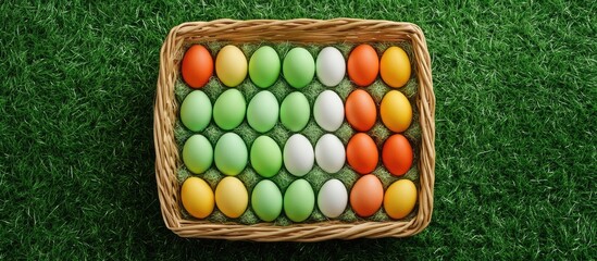 Aufkleber - Handmade colorful Easter eggs beautifully arranged in a basket on vibrant green artificial grass background for festive celebrations