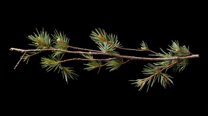 Poster - Christmas tree branch isolated on black background featuring green needles and natural textures perfect for holiday themed designs