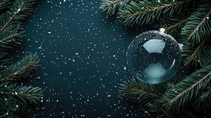 Poster - Christmas tree branches with a blank snowglobe surrounded by falling snowflakes on a dark background