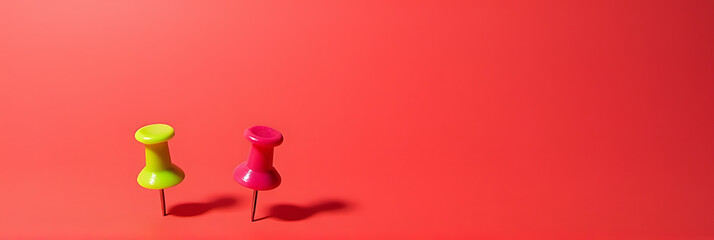 Aufkleber - A group of a pin and thumbtack sit on a red desk with a large empty space for copying over them._00003_