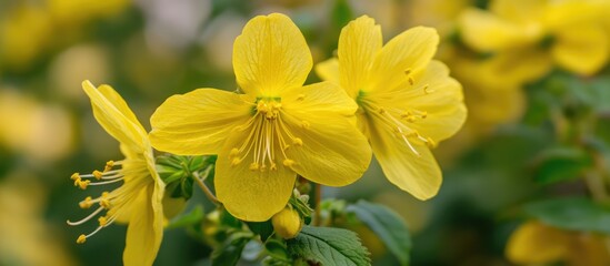 Aufkleber - Close up of vibrant yellow flower blossoms in natural outdoor setting showcasing intricate petal details and lush green foliage