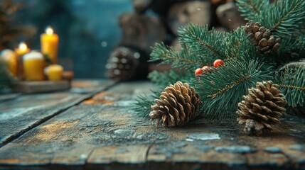Poster - Festive pine cones and coniferous branches on rustic wooden boards with warm candles creating a cozy Christmas atmosphere