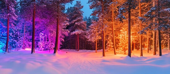 Poster - Enchanting winter forest illuminated by colorful lights creating a magical Christmas atmosphere in a snowy landscape