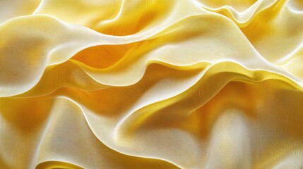 Poster - Soft yellow textured fabric with elegant wavy folds creating a smooth and inviting surface background for design and fashion use