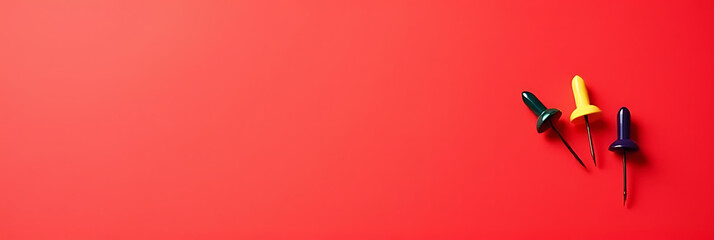 Aufkleber - A group of a pin and thumbtack sit on a red desk with a large empty space for copying over them._00001_