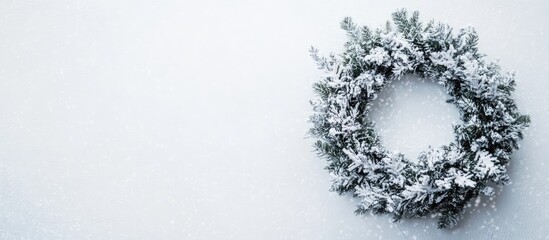 Poster - Snowy wreath close up on a white background with ample space for seasonal text and holiday messages in a winter theme.