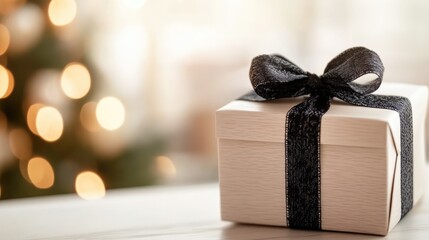 Poster - Minimalist white gift box with black ribbon against blurred Christmas lights creating a warm festive atmosphere and inviting ambiance.