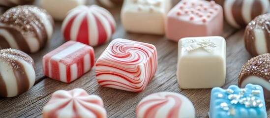 Aufkleber - Delicious assortment of Christmas sweets arranged on a rustic wooden surface showcasing festive colors and textures