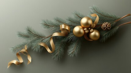 Aufkleber - Elegantly arranged Christmas tree branch featuring golden ornaments and ribbons against a subtle green backdrop.