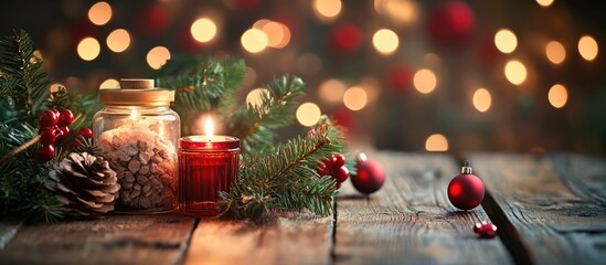 Poster - Christmas wooden table decorated with festive greenery and candles against a warm abstract light backdrop for holiday decoration themes