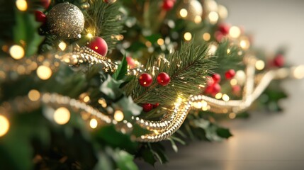 Aufkleber - Close up of elegant Christmas tree decorations and garland featuring lights, ornaments, and vibrant greenery creating a festive atmosphere