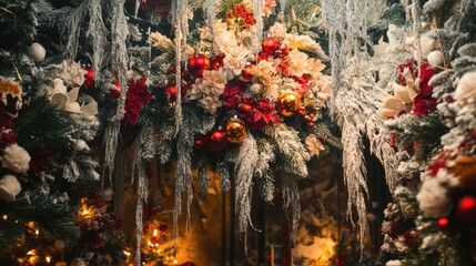 Aufkleber - Festively decorated Christmas tree adorned with garlands and ornaments creating a warm holiday atmosphere in a cozy setting