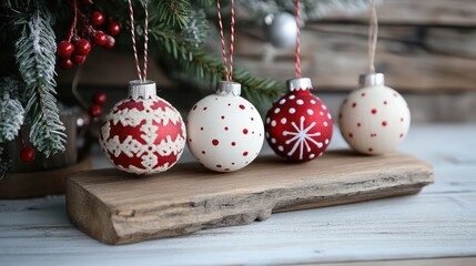 Aufkleber - Festive Christmas tree ornaments displayed on rustic wooden board with greenery and winter decorations