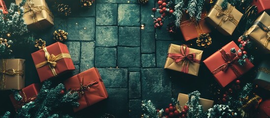 Poster - Christmas holiday setting with beautifully wrapped gift boxes and festive greenery overhead view on textured surface