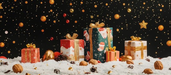 Poster - Festive gift boxes with gold accents and holiday decorations on a snowy backdrop with ornaments and stars creating a celebratory atmosphere