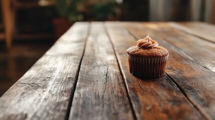 Aufkleber - Cupcake on rustic wooden table displaying baked goods in cozy setting with natural lighting and inviting atmosphere