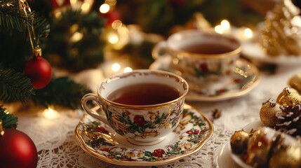 Poster - Elegant Christmas tea setting with decorated cups and festive treats, surrounded by holiday lights and seasonal decorations.