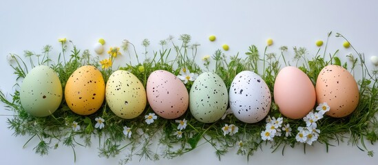 Aufkleber - Vibrant Easter eggs in pastel colors surrounded by fresh flowers and green grass on a clean white background perfect for festive decorations