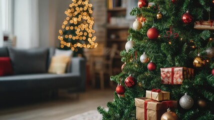 Poster - Festive living room with a beautifully decorated Christmas tree colorful ornaments and gift boxes creating a warm holiday atmosphere