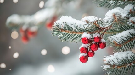 Poster - Winter Wonderland Background with Snowy Evergreen Branches and Red Ornaments Ideal for Holiday Season and Christmas Celebrations