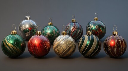 Poster - Decorative Christmas tree ornaments featuring colorful balls in various patterns and designs for holiday celebrations and festive decor.
