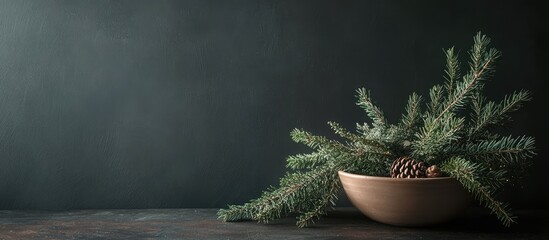 Aufkleber - Serene Christmas still life with spruce branches and pine cones in a bowl on a rustic table against a dark background.