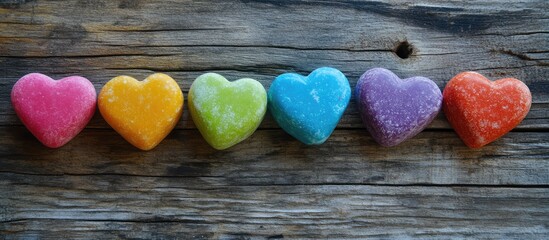 Aufkleber - Colorful heart-shaped candies displayed on rustic wooden background for Valentine's Day or festive celebrations