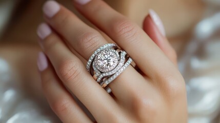 Poster - Elegant closeup of a bride's hand showcasing intricate wedding rings adorned with diamonds on a delicate background