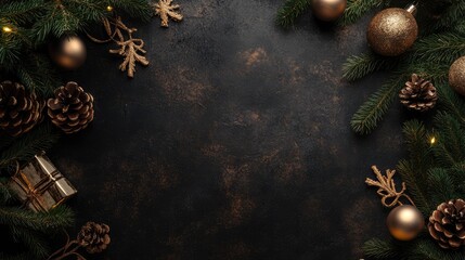 Poster - Elegant Christmas table setting with golden ornaments pinecones and greenery on dark background perfect for holiday celebrations.