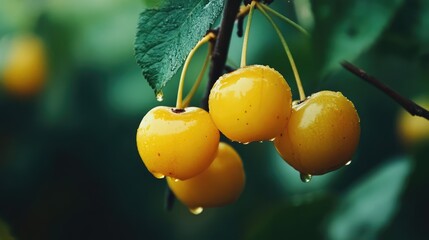 Aufkleber - Close up of fresh yellow cherries hanging on branch with water droplets against lush green foliage showcasing nature's ripe bounty