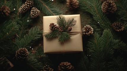 Aufkleber - Festive Christmas gift wrapped in brown paper surrounded by pine branches and pinecones on a rustic wooden table