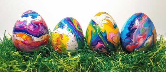 Aufkleber - Vibrant hand-painted Easter eggs displayed on artificial green grass for a festive spring celebration theme