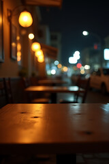 Aufkleber - A dimly lit cafe has a clean wooden table with a selective focus on the empty surface at night._00003_