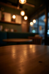 Aufkleber - A dimly lit cafe has a clean wooden table with a selective focus on the empty surface at night._00001_