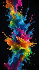 Wall Mural - Colorful splashes of flowing liquid paint on dark black background. Vibrant rainbow colors fluid burst vertical stories wallpaper.	