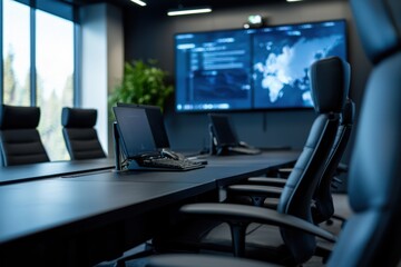 Poster - A conference room with a large screen and several black chairs