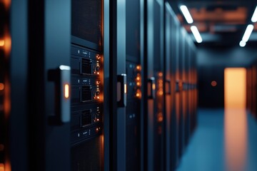 Poster - A row of computer servers with orange lights on them