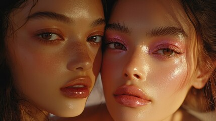 Poster - Two models with exquisite makeup radiate beauty and confidence, their complexions glowing softly as they come together in a close embrace, illuminating the art of beauty