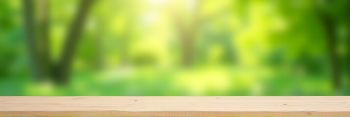 Aufkleber - A blank wooden tabletop with a blurred green garden view in the background is ideal for product display and design inspiration._00001_