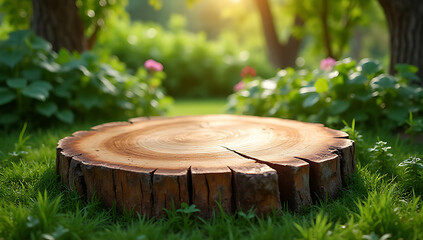 Poster - A beautifully weathered tree stump serves as a unique and rustic tabletop amidst a lush green garden backdrop for product display._00002_