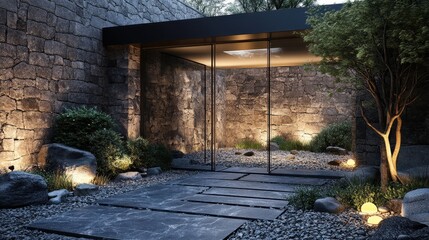 Canvas Print - Modern Zen Garden Entrance With Stone Wall And Lighting