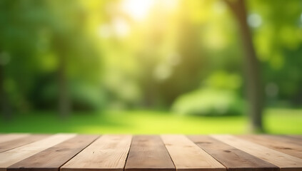 Poster - A beautifully blurred garden is in the background while a minimalist wooden tabletop takes center stage in this selective focus photo._00002_